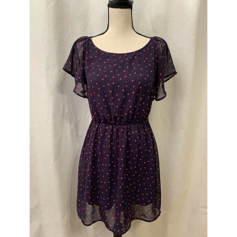 Forever 21 Navy Blue Red Heart Print Dress Blouson Short Sleeve Knee Length S